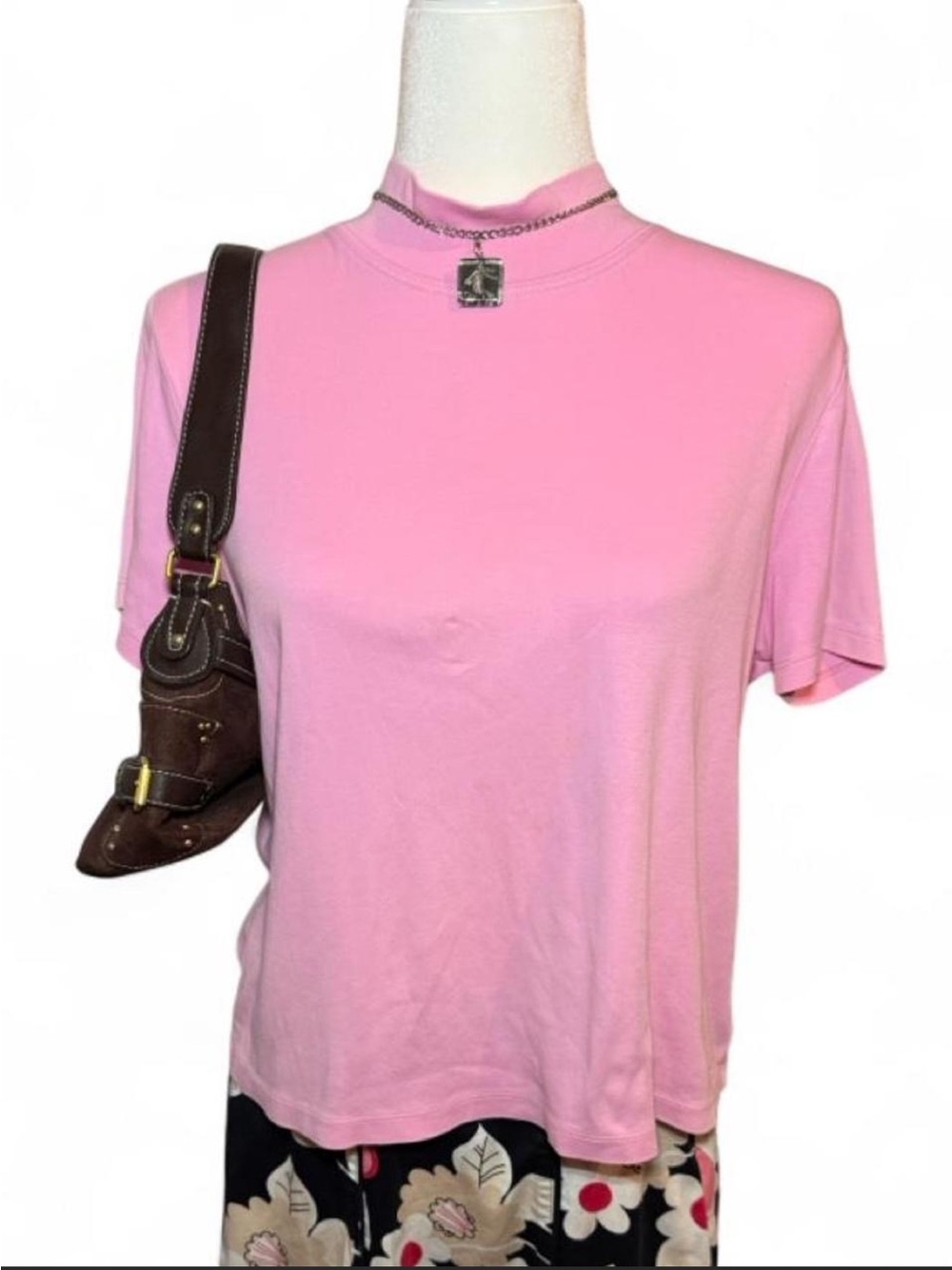 Vintage LL Bean Baby Pink Mock Neck Short Sleeve Tee